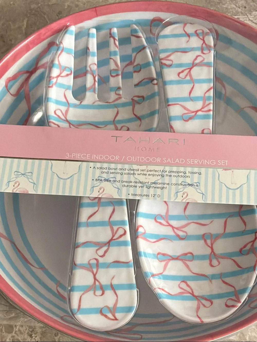 Tahari  Pink and Light Blue Striped Salad Bowl with Matching Utensils